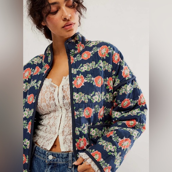 Free People Jackets & Blazers - Free People Navy Floral Quilted Puffer Jacket